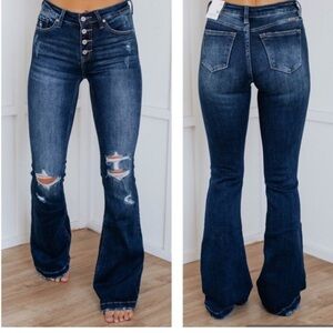 New Kan Can Dark Wash Button Fly Flare Leg Jeans